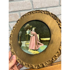 Antique Victorian Child Girl Chromolithograph Print Ornate Round Gold Frame