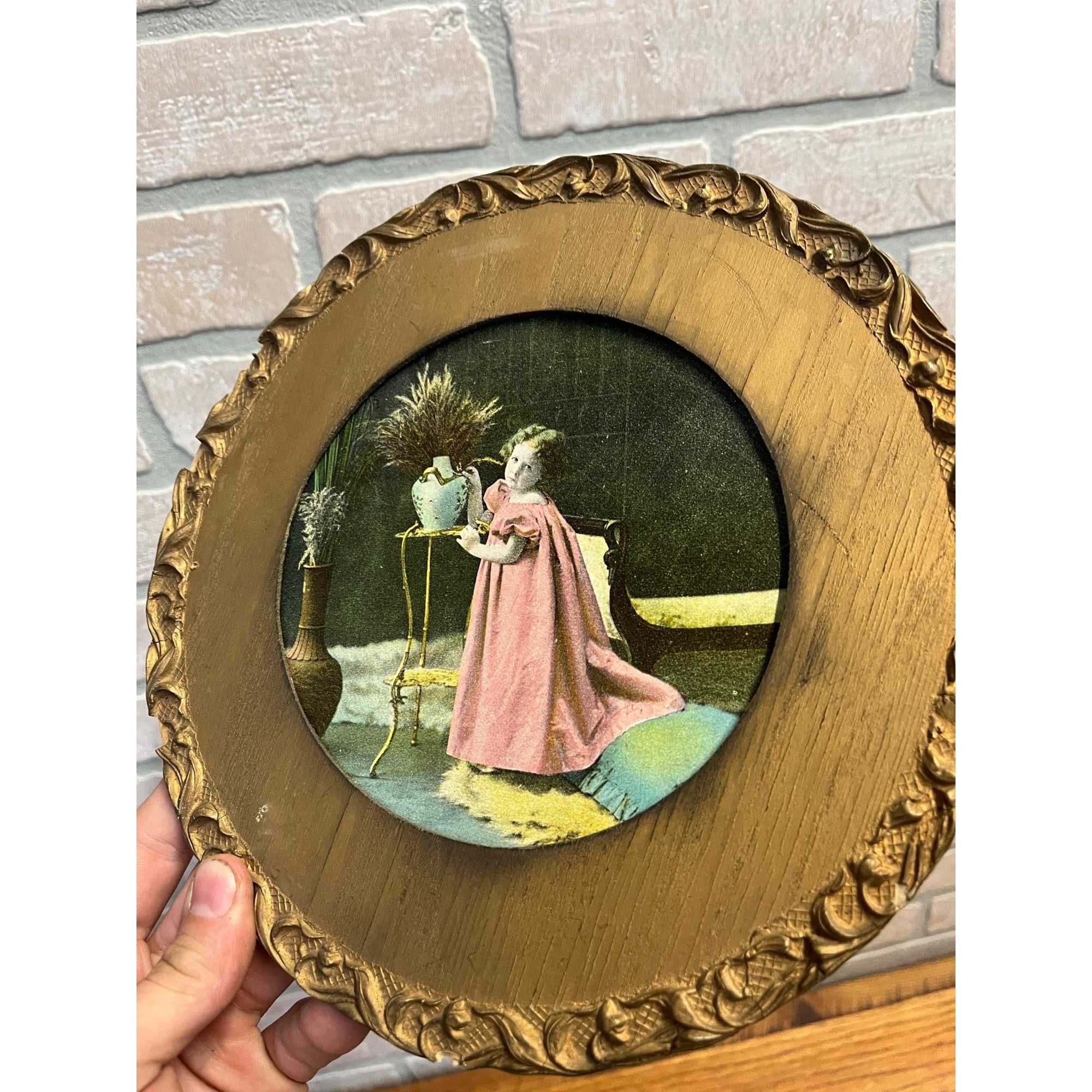 Antique Victorian Child Girl Chromolithograph Print Ornate Round Gold Frame