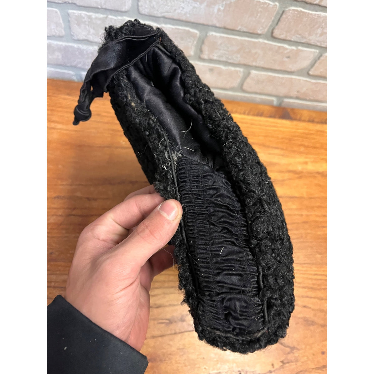 Antique Late Victorian Black Karakul (Persian) Lamb Fur Hand Warming Muff Winter Fashion Accessory