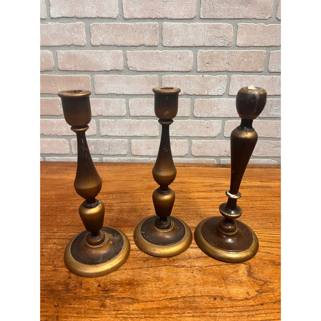 Antique Set (3) Turned Walnut Candle Holders Parsons Products Chicago Primitive Farmhouse