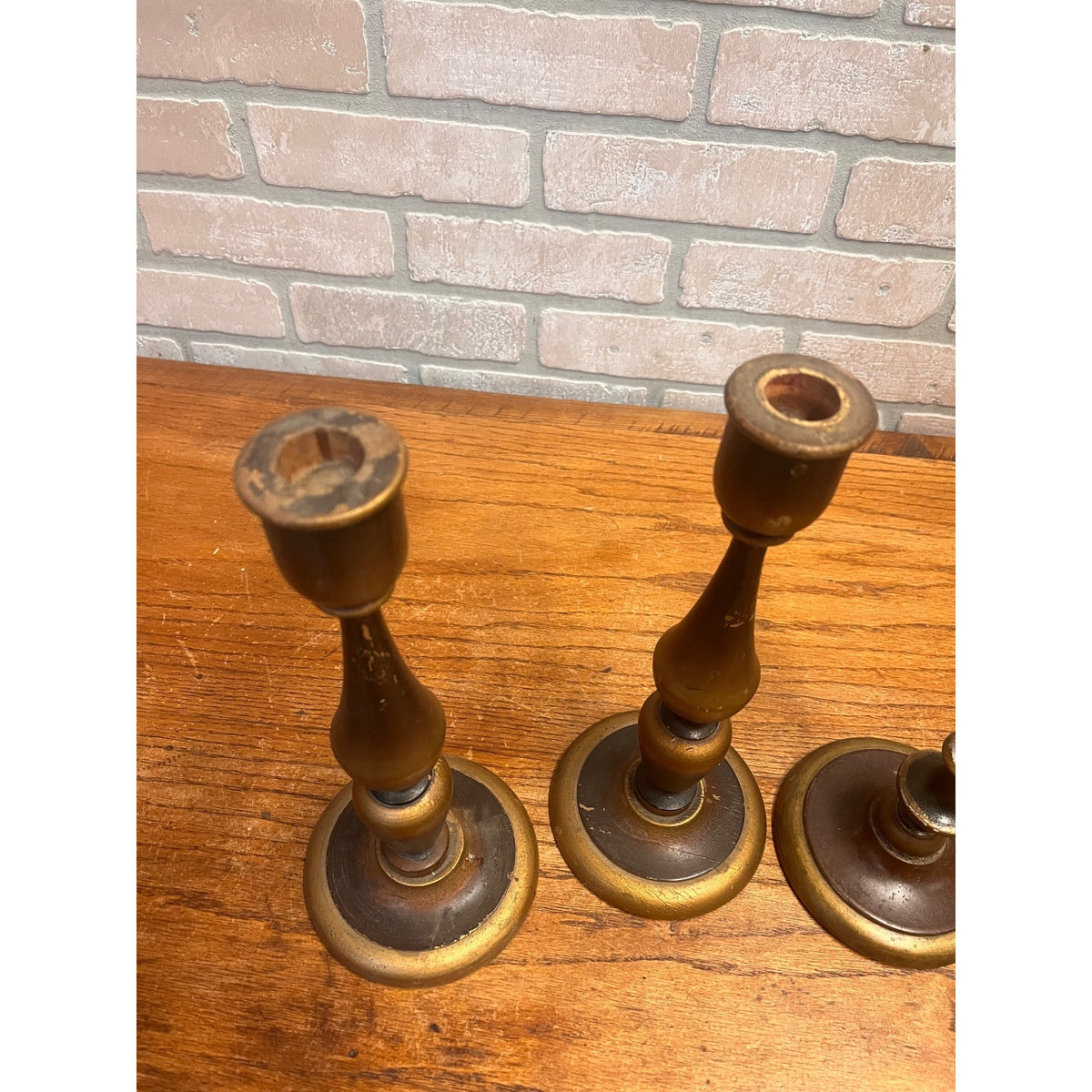 Antique Set (3) Turned Walnut Candle Holders Parsons Products Chicago Primitive Farmhouse