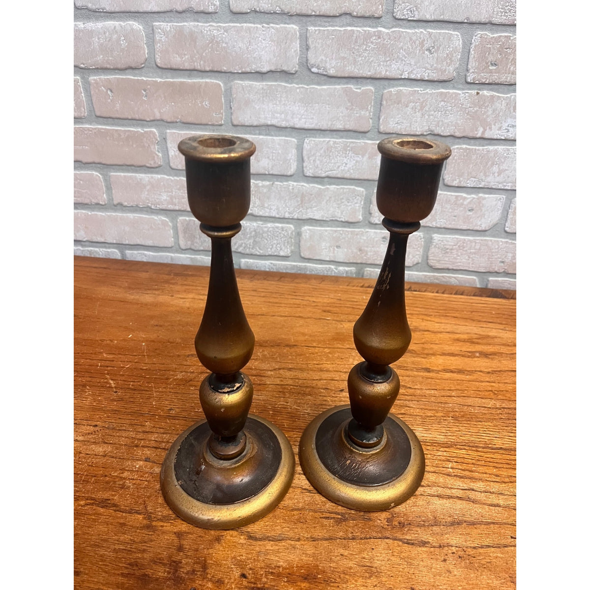 Antique Set (3) Turned Walnut Candle Holders Parsons Products Chicago Primitive Farmhouse