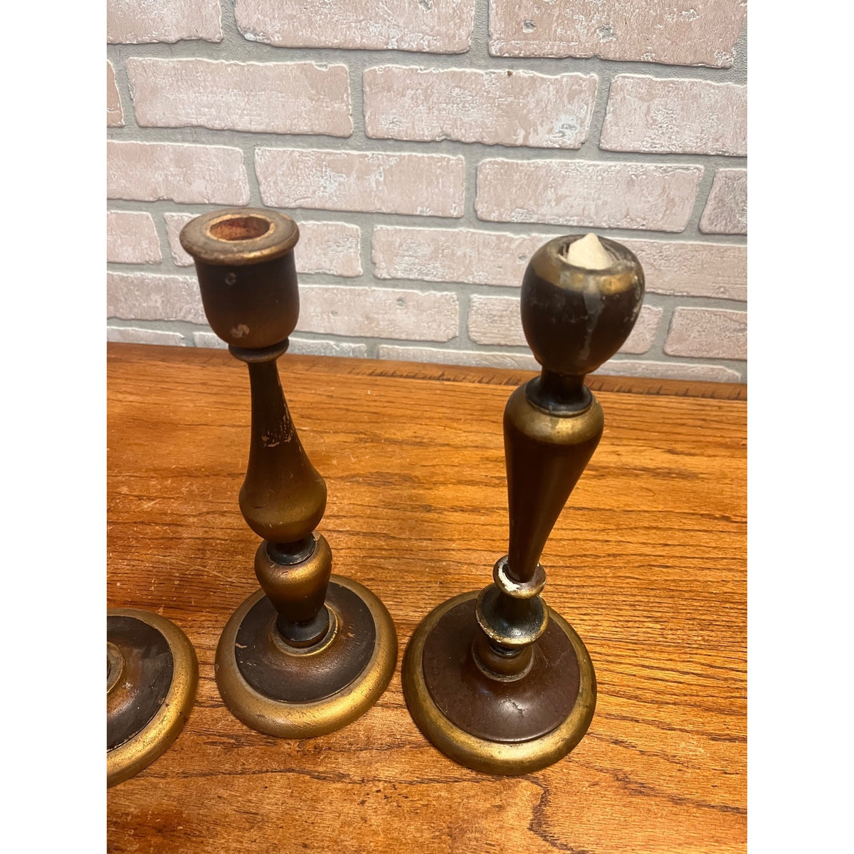 Antique Set (3) Turned Walnut Candle Holders Parsons Products Chicago Primitive Farmhouse