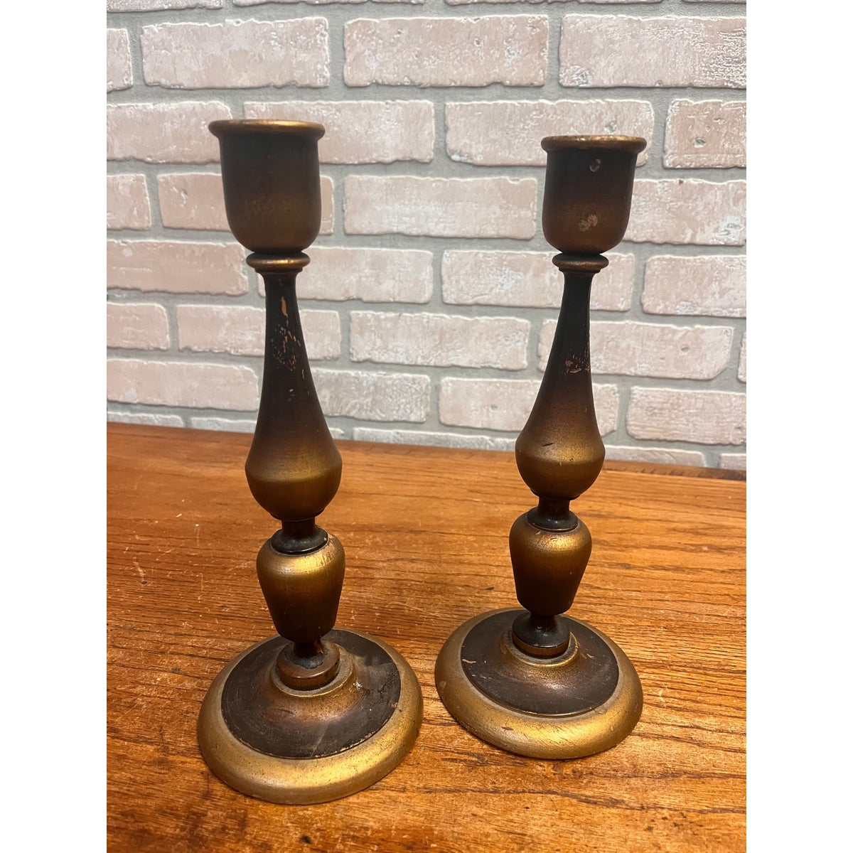 Antique Set (3) Turned Walnut Candle Holders Parsons Products Chicago Primitive Farmhouse