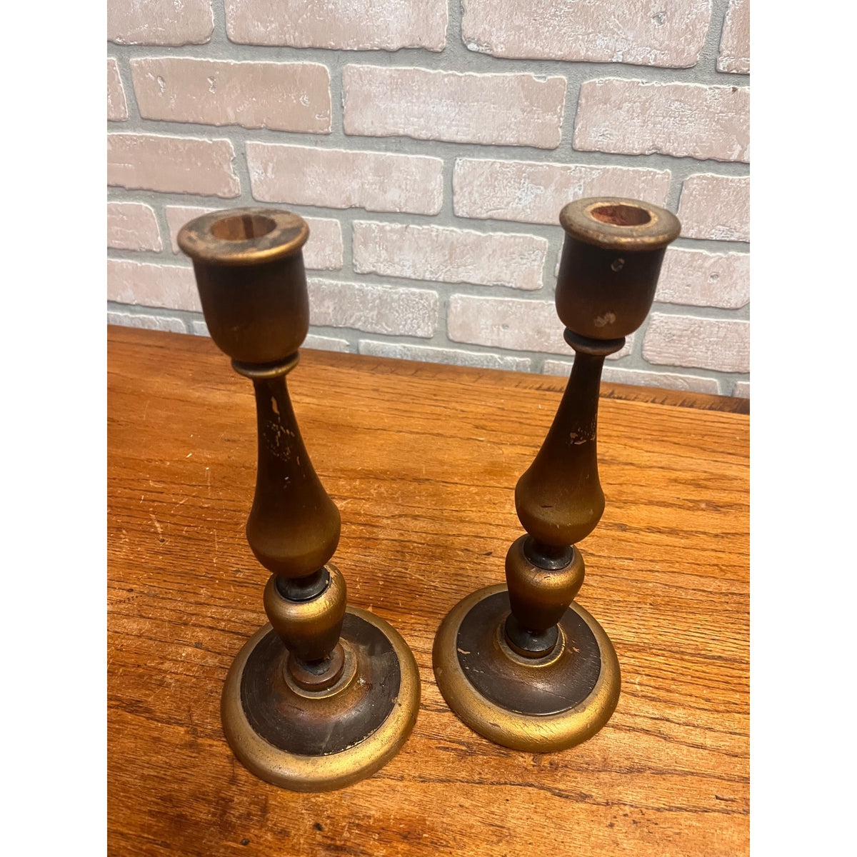 Antique Set (3) Turned Walnut Candle Holders Parsons Products Chicago Primitive Farmhouse