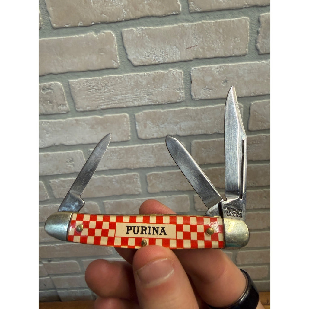 Vintage Purina Mills Kutmaster Folding Pocket Knife With Three Blades Utica, NY Farm Feeds Advertising