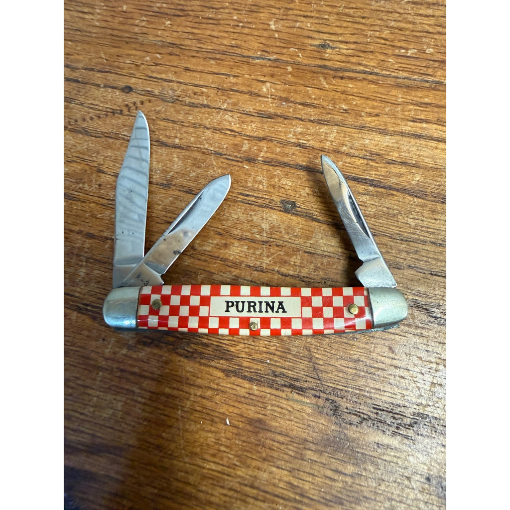 Vintage Purina Mills Kutmaster Folding Pocket Knife With Three Blades Utica, NY Farm Feeds Advertising
