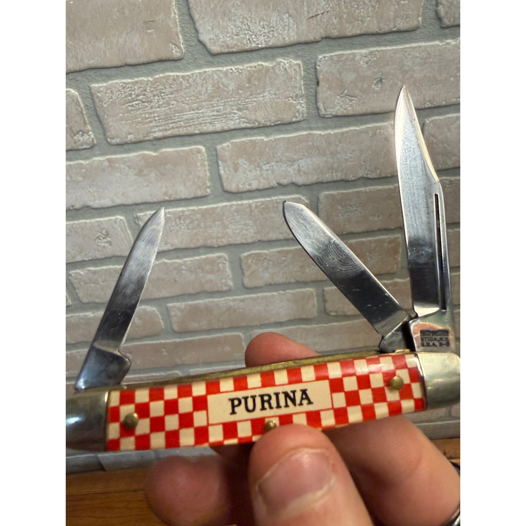 Vintage Purina Mills Kutmaster Folding Pocket Knife With Three Blades Utica, NY Farm Feeds Advertising