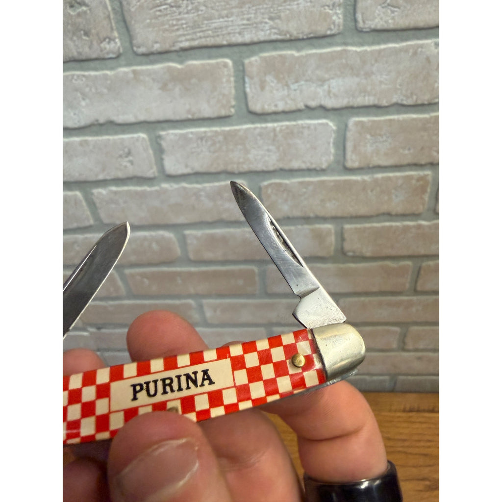 Vintage Purina Mills Kutmaster Folding Pocket Knife With Three Blades Utica, NY Farm Feeds Advertising