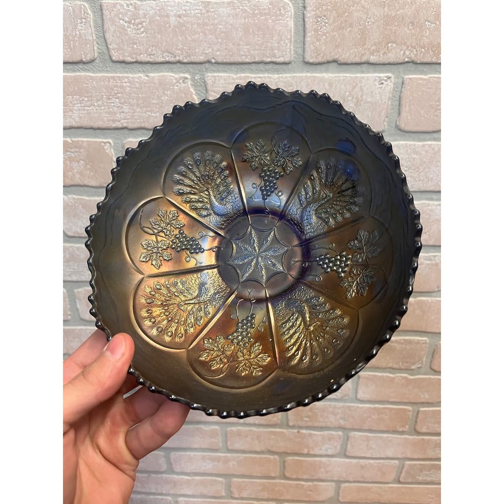 Fenton Peacock & Grape Blue Carnival Glass 8" Bowl Antique Iridescent.