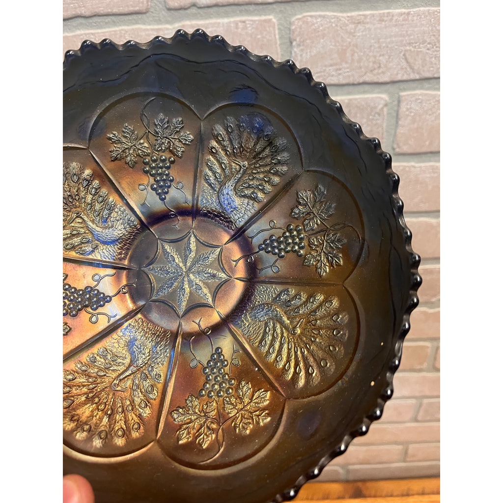 Fenton Peacock & Grape Blue Carnival Glass 8" Bowl Antique Iridescent.