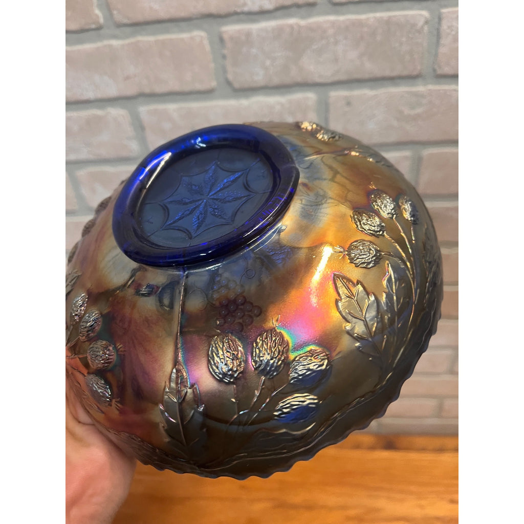 Fenton Peacock & Grape Blue Carnival Glass 8" Bowl Antique Iridescent.
