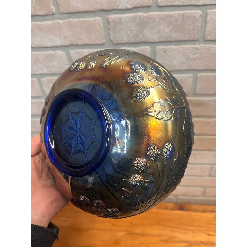 Fenton Peacock & Grape Blue Carnival Glass 8" Bowl Antique Iridescent.