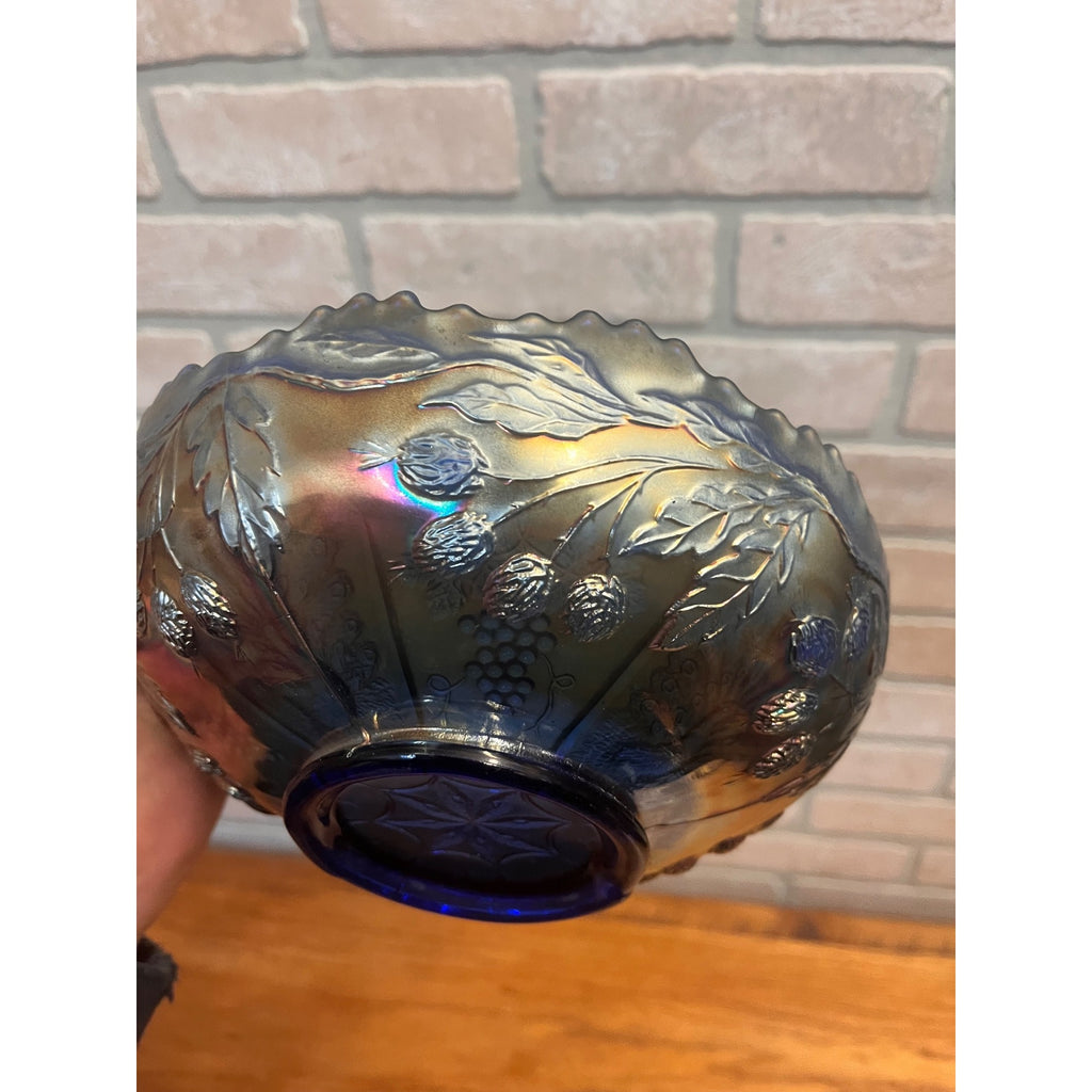Fenton Peacock & Grape Blue Carnival Glass 8" Bowl Antique Iridescent.