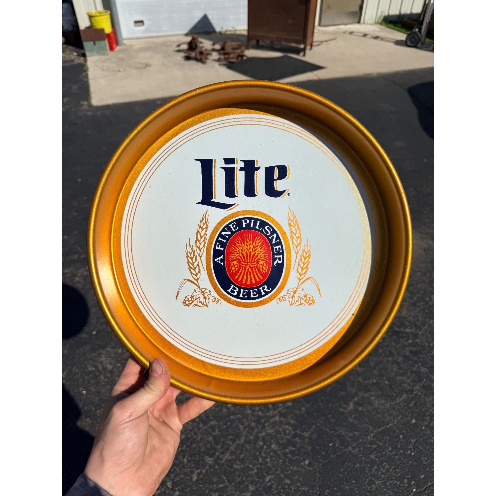 Vintage 1980s Miller Lite Beer Tray Advertising Bar Sign White & Gold