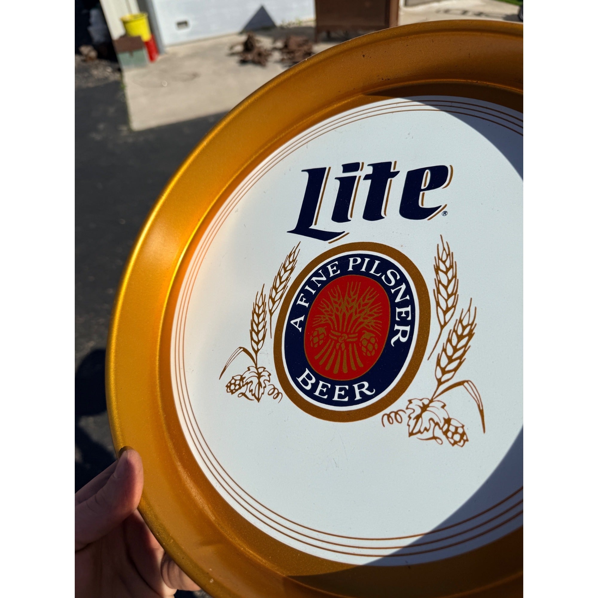 Vintage 1980s Miller Lite Beer Tray Advertising Bar Sign White & Gold