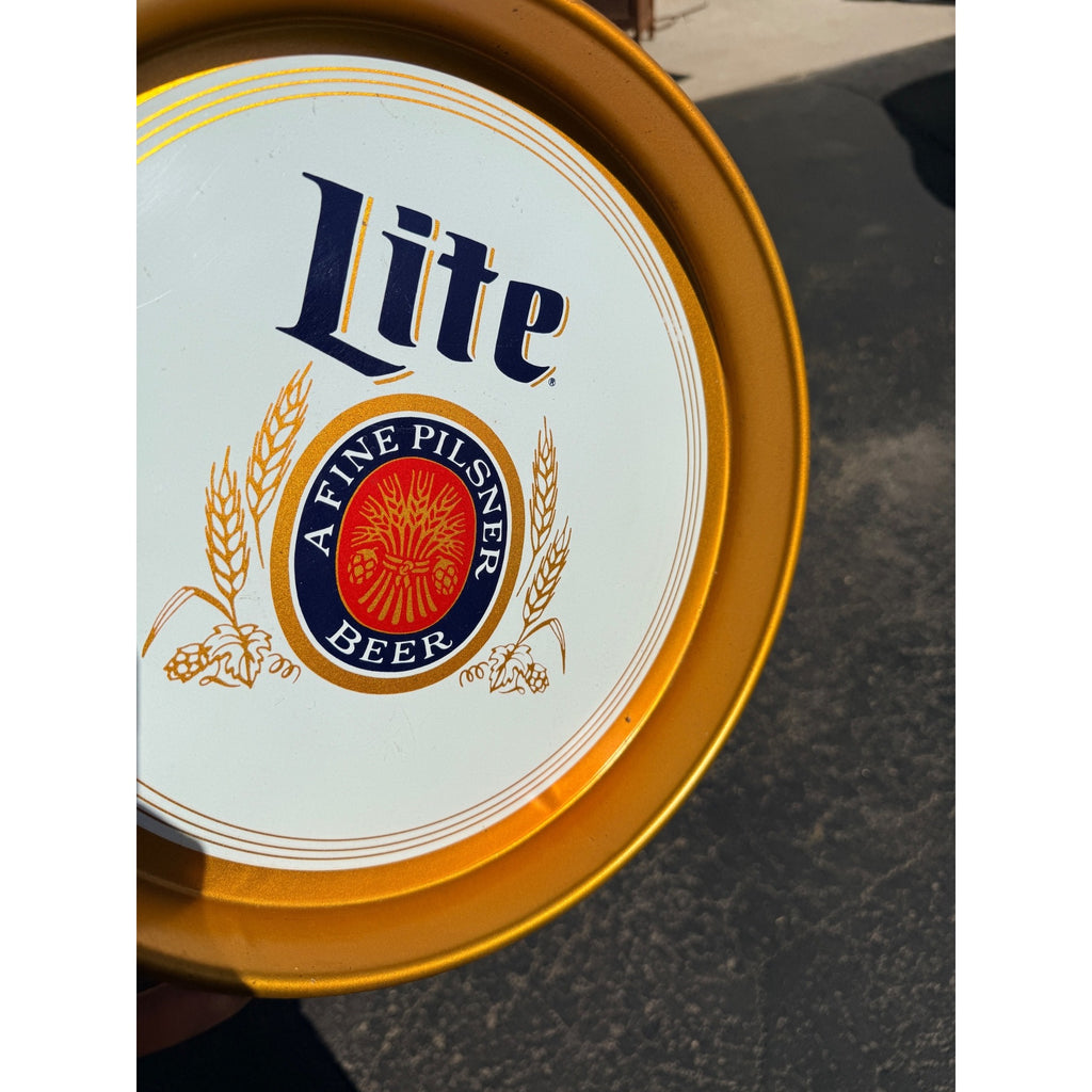 Vintage 1980s Miller Lite Beer Tray Advertising Bar Sign White & Gold