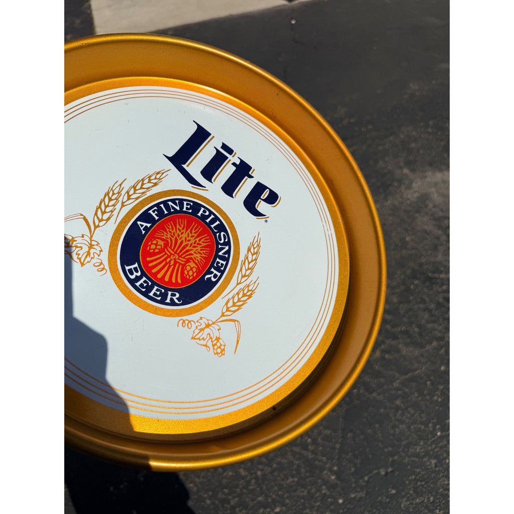 Vintage 1980s Miller Lite Beer Tray Advertising Bar Sign White & Gold
