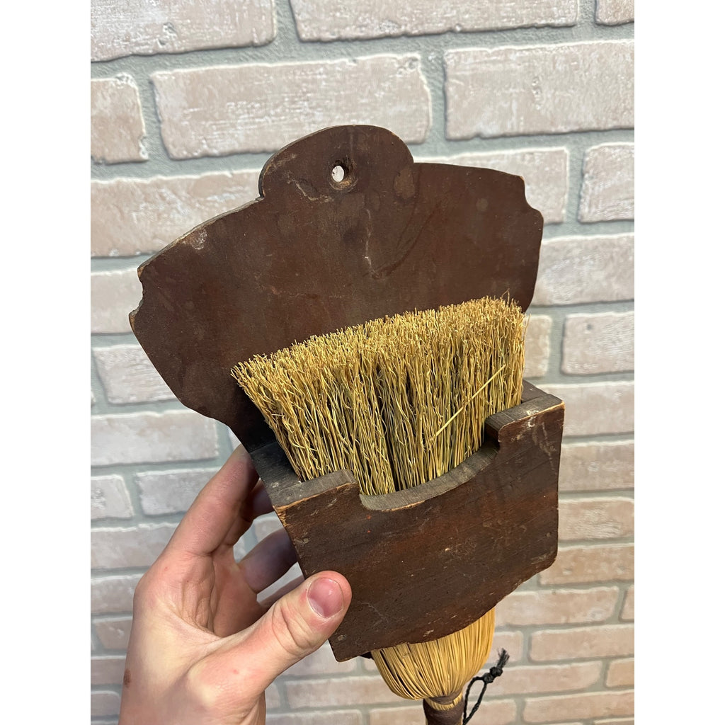 Antique Primitive Wooden Whisk Brush Broom Wall Mount Holder Farmhouse