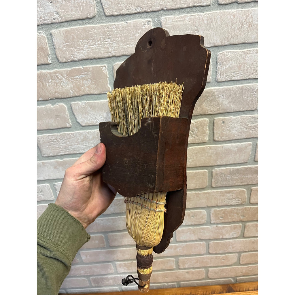 Antique Primitive Wooden Whisk Brush Broom Wall Mount Holder Farmhouse