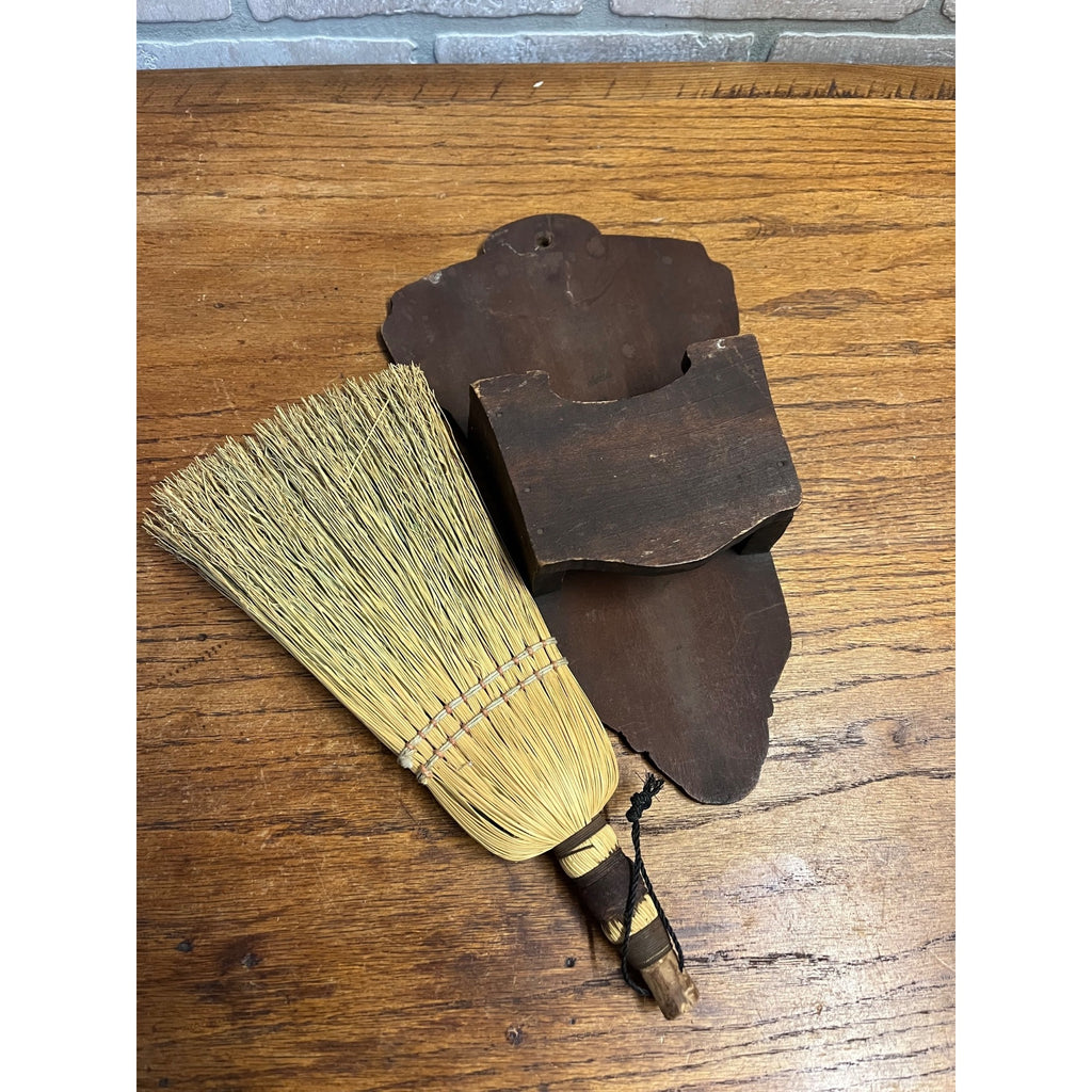 Antique Primitive Wooden Whisk Brush Broom Wall Mount Holder Farmhouse
