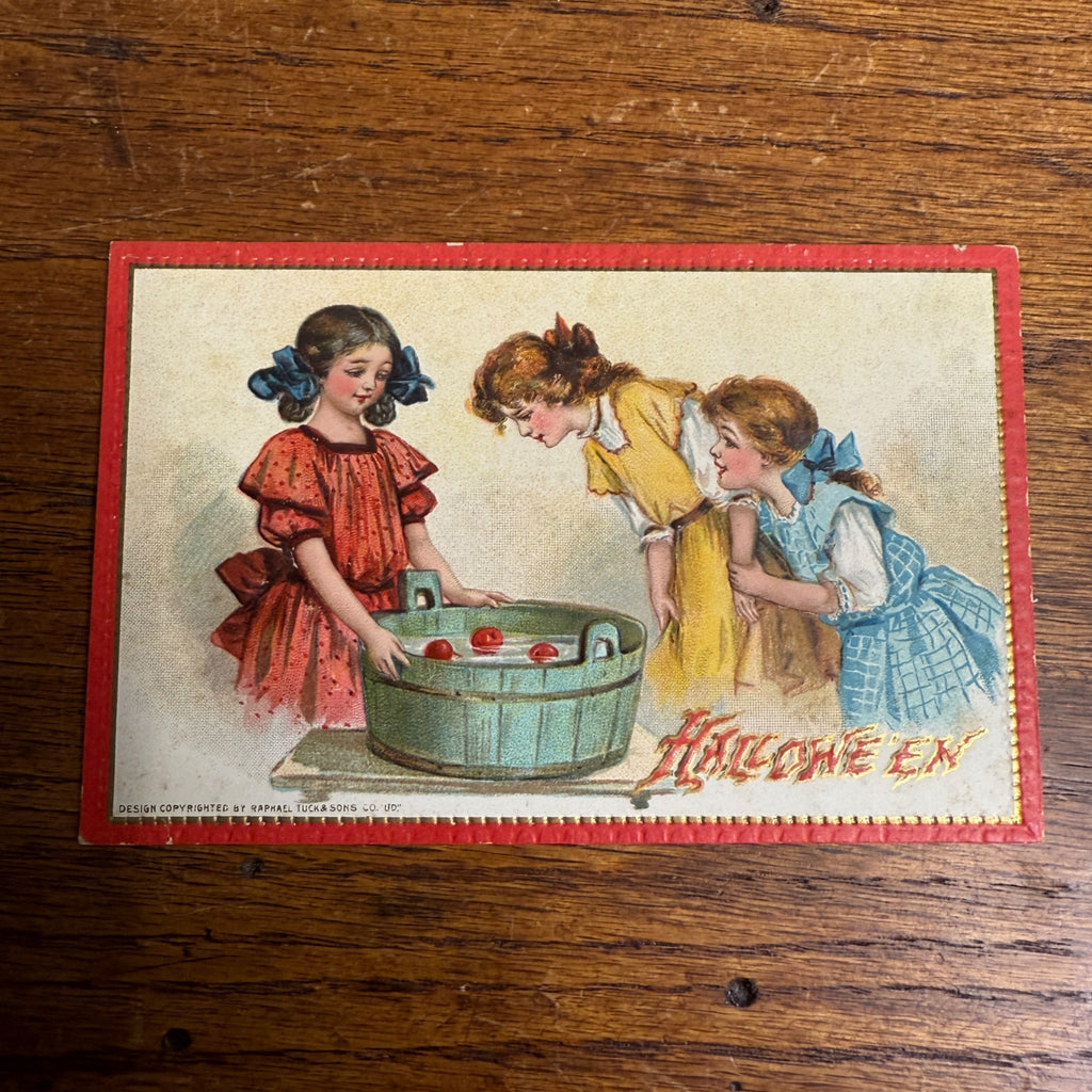 Vintage 1900s Halloween Postcard Tuck Bobbing Apples Young Girls