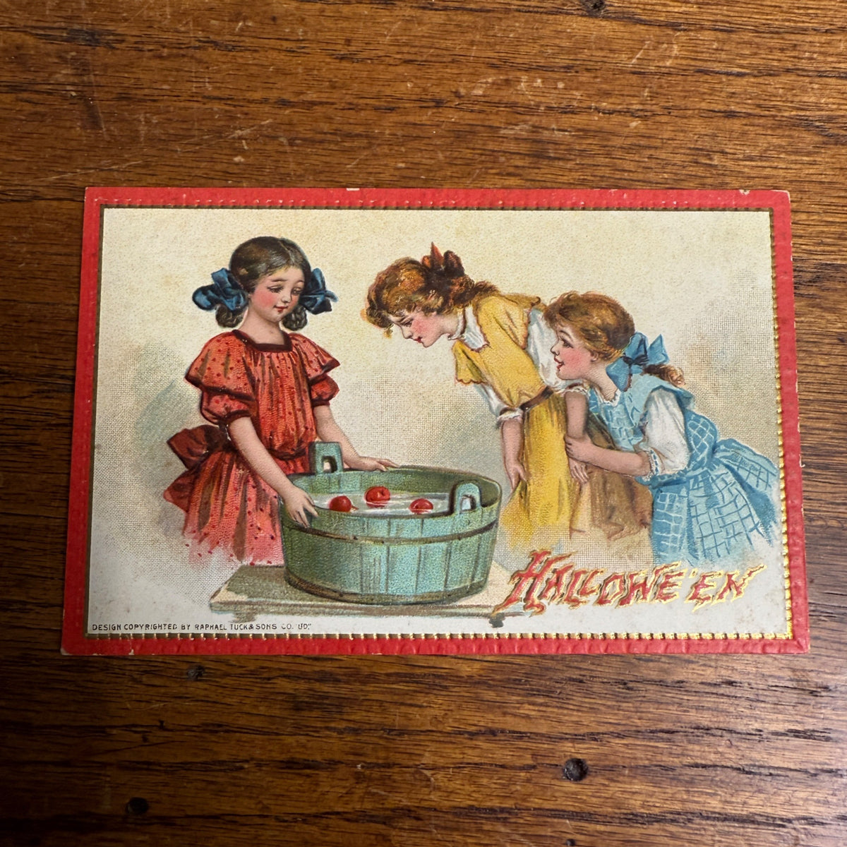 Vintage 1900s Halloween Postcard Tuck Bobbing Apples Young Girls