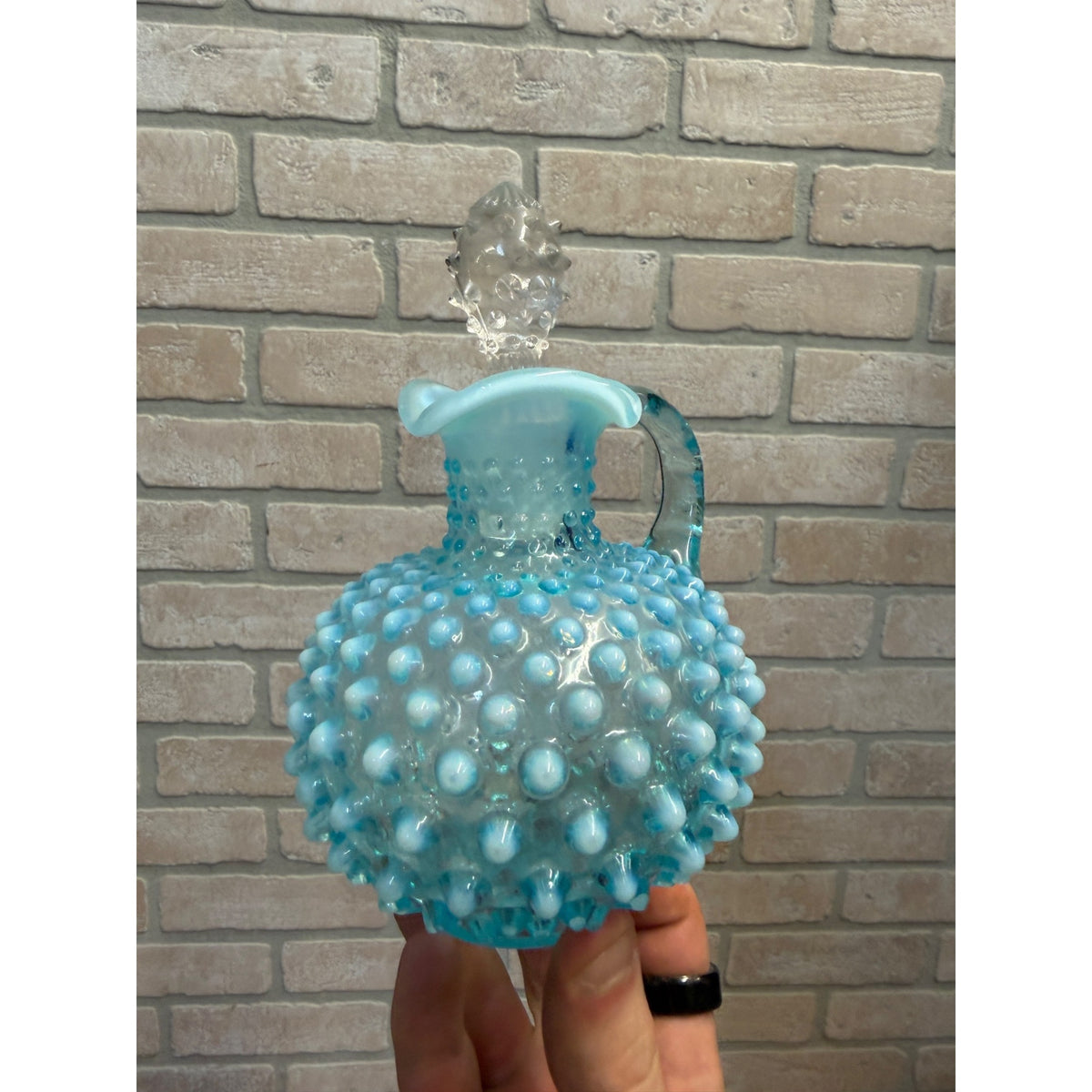 Vintage Fenton Blue Opalescent Hobnail Glass Cruet w/ Stopper