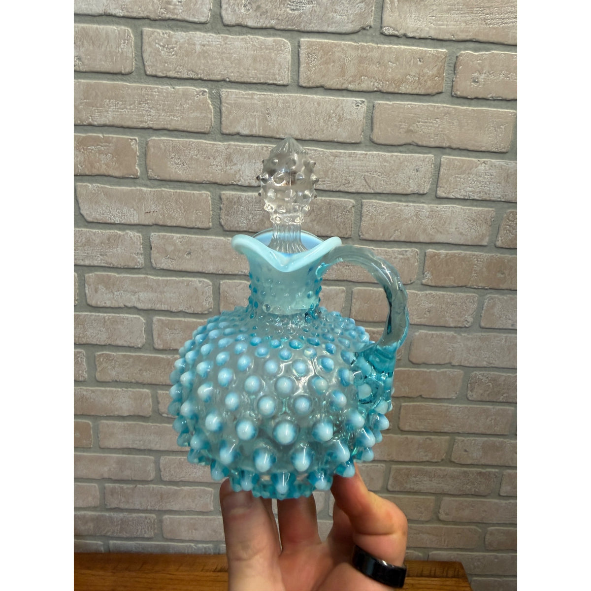 Vintage Fenton Blue Opalescent Hobnail Glass Cruet w/ Stopper
