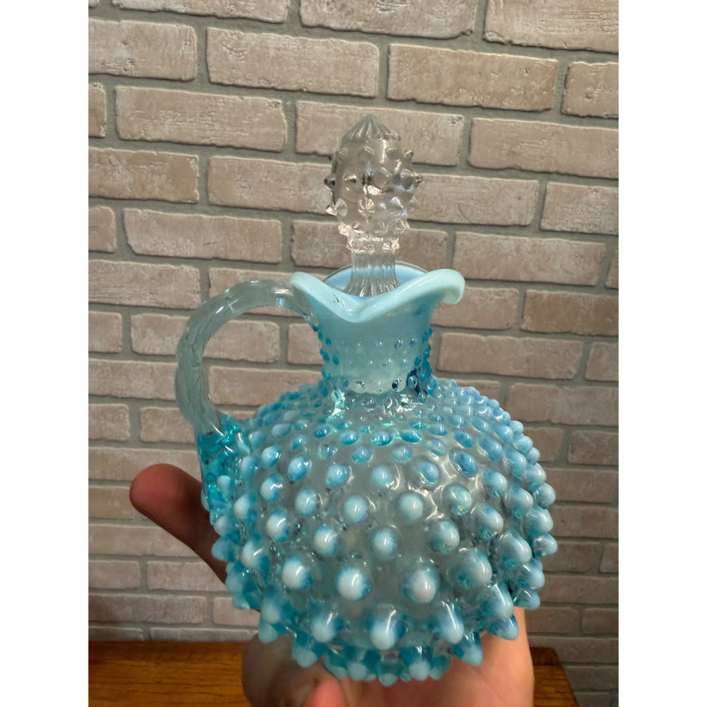 Vintage Fenton Blue Opalescent Hobnail Glass Cruet w/ Stopper