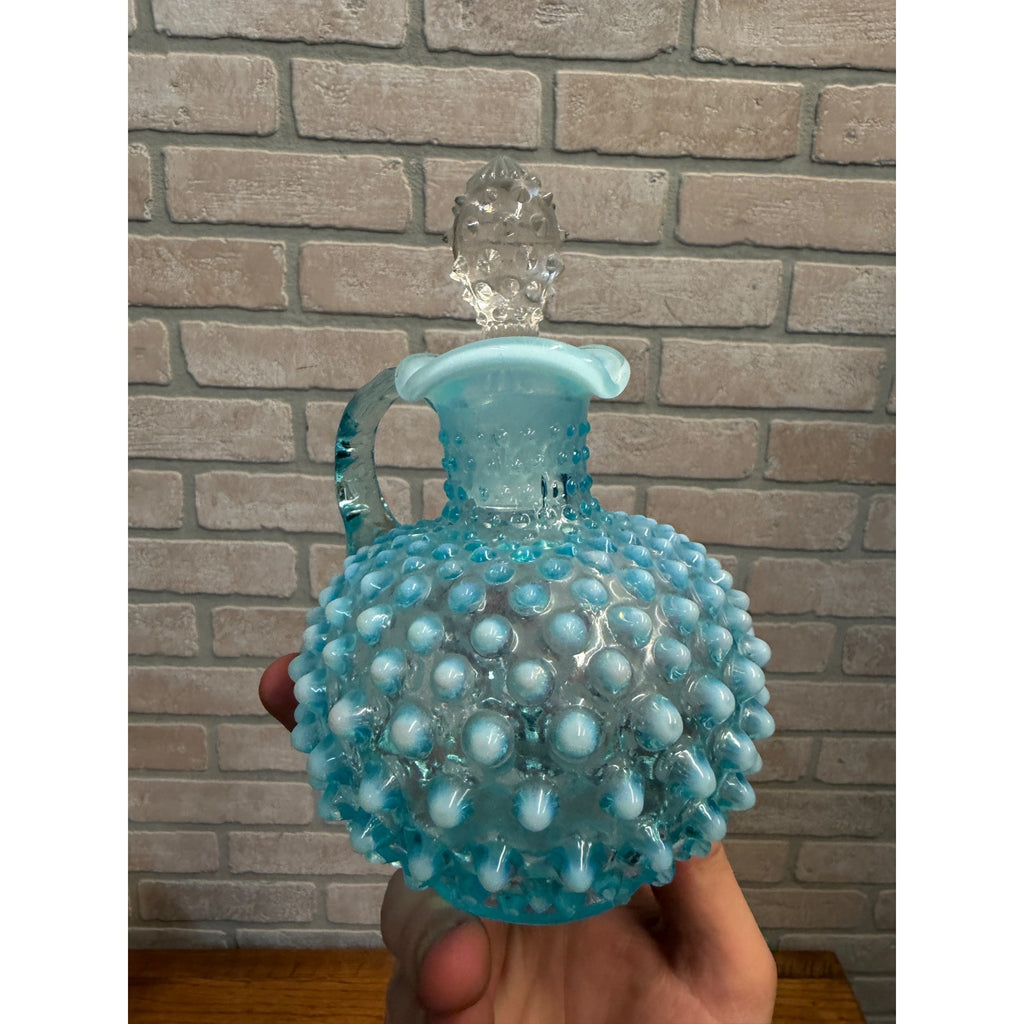 Vintage Fenton Blue Opalescent Hobnail Glass Cruet w/ Stopper