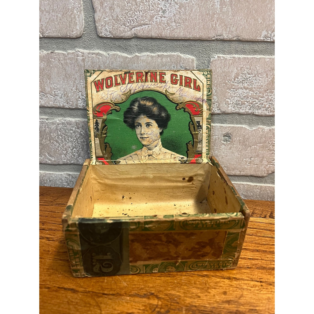 Vintage Wolverine Girl Cigar Wooden Box Advertising Kalamazoo Michigan Verdon