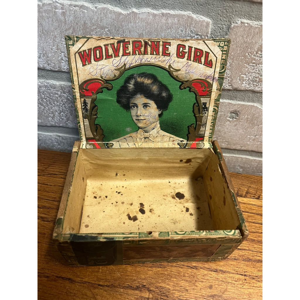 Vintage Wolverine Girl Cigar Wooden Box Advertising Kalamazoo Michigan Verdon