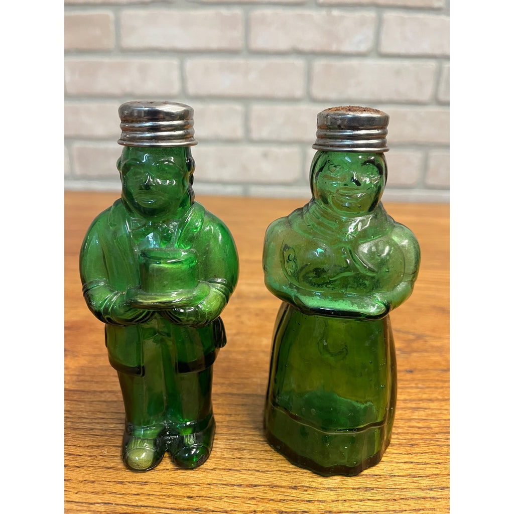 Vintage Aunt Jemima & Uncle Moses Green Glass Salt & Pepper Shakers