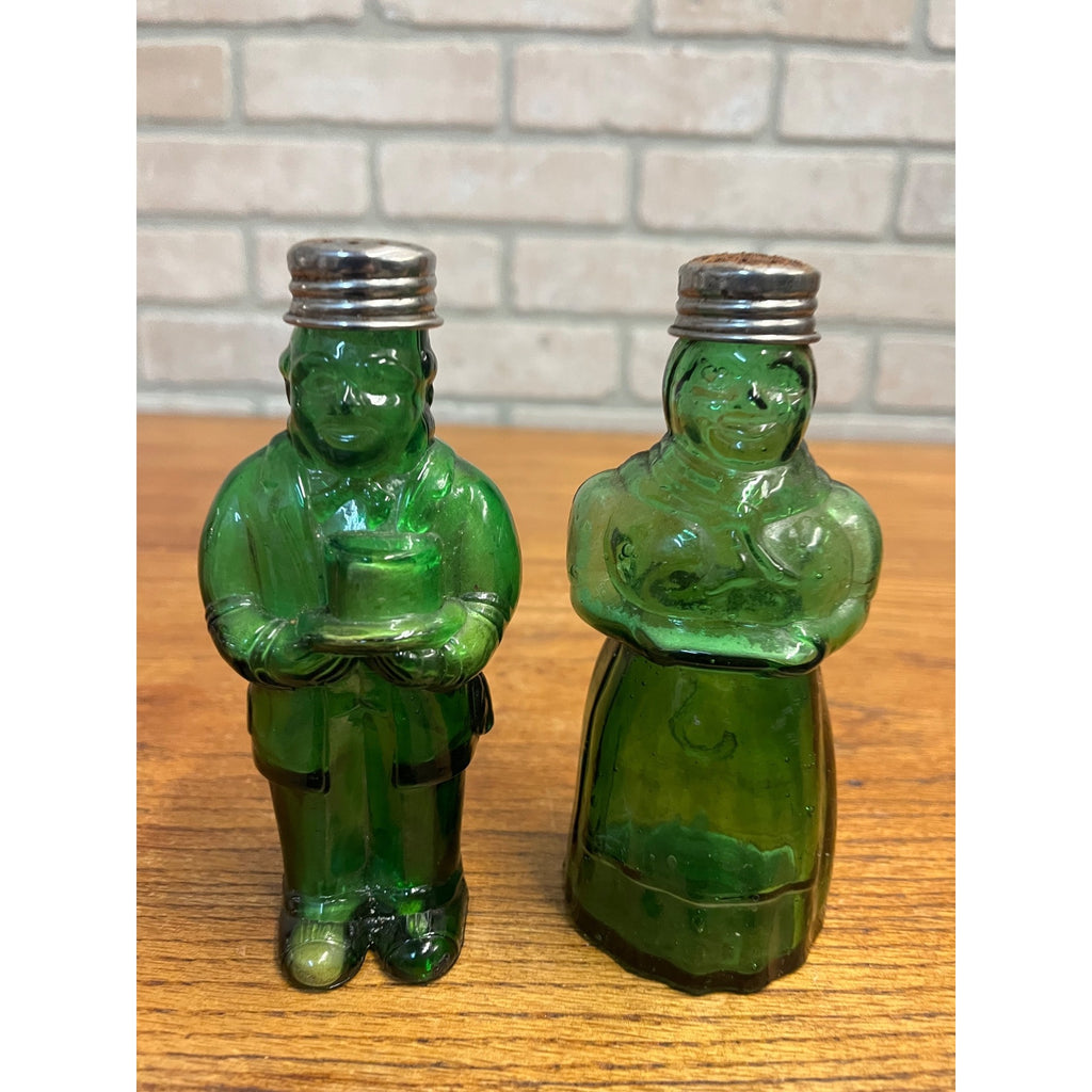 Vintage Aunt Jemima & Uncle Moses Green Glass Salt & Pepper Shakers