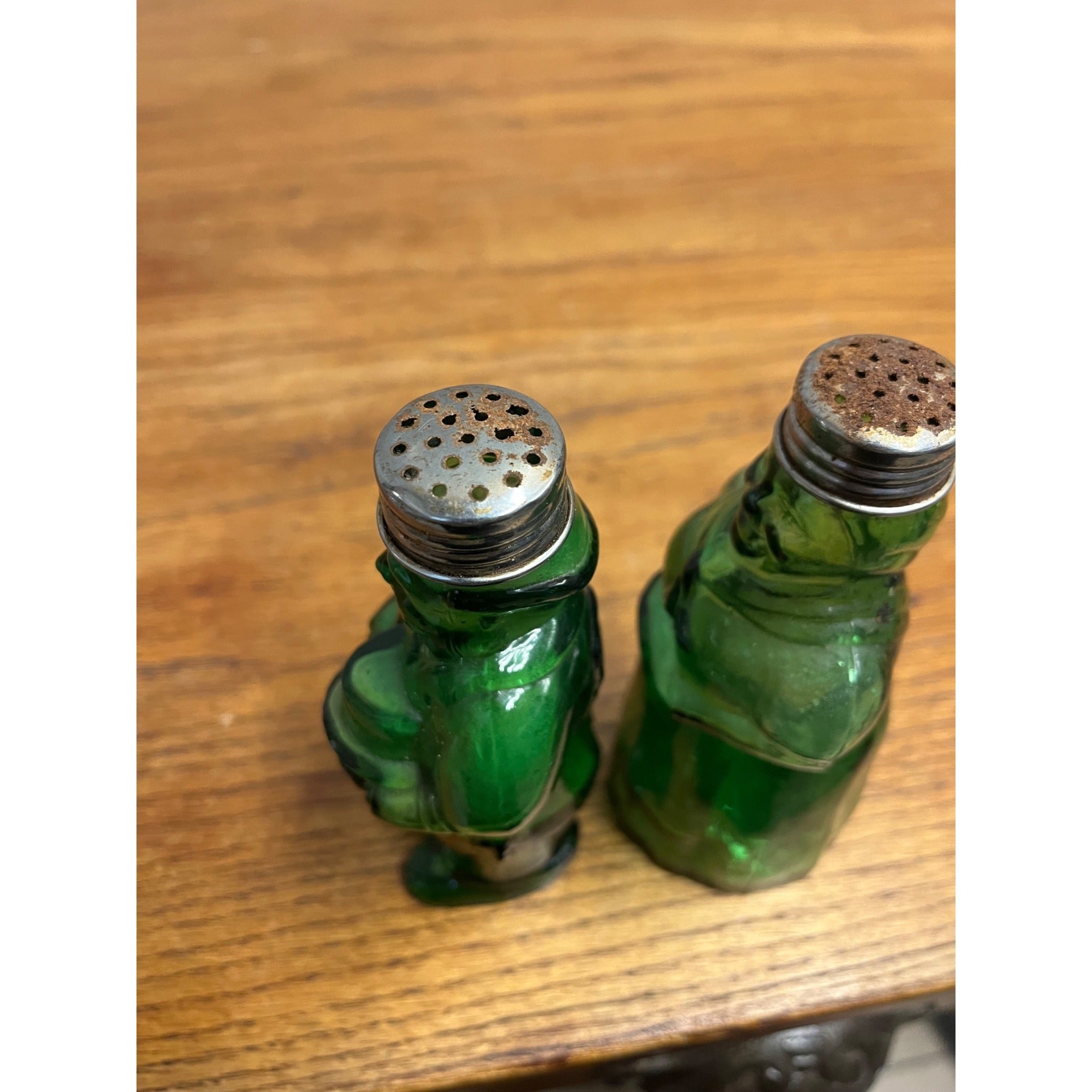 Vintage Aunt Jemima & Uncle Moses Green Glass Salt & Pepper Shakers