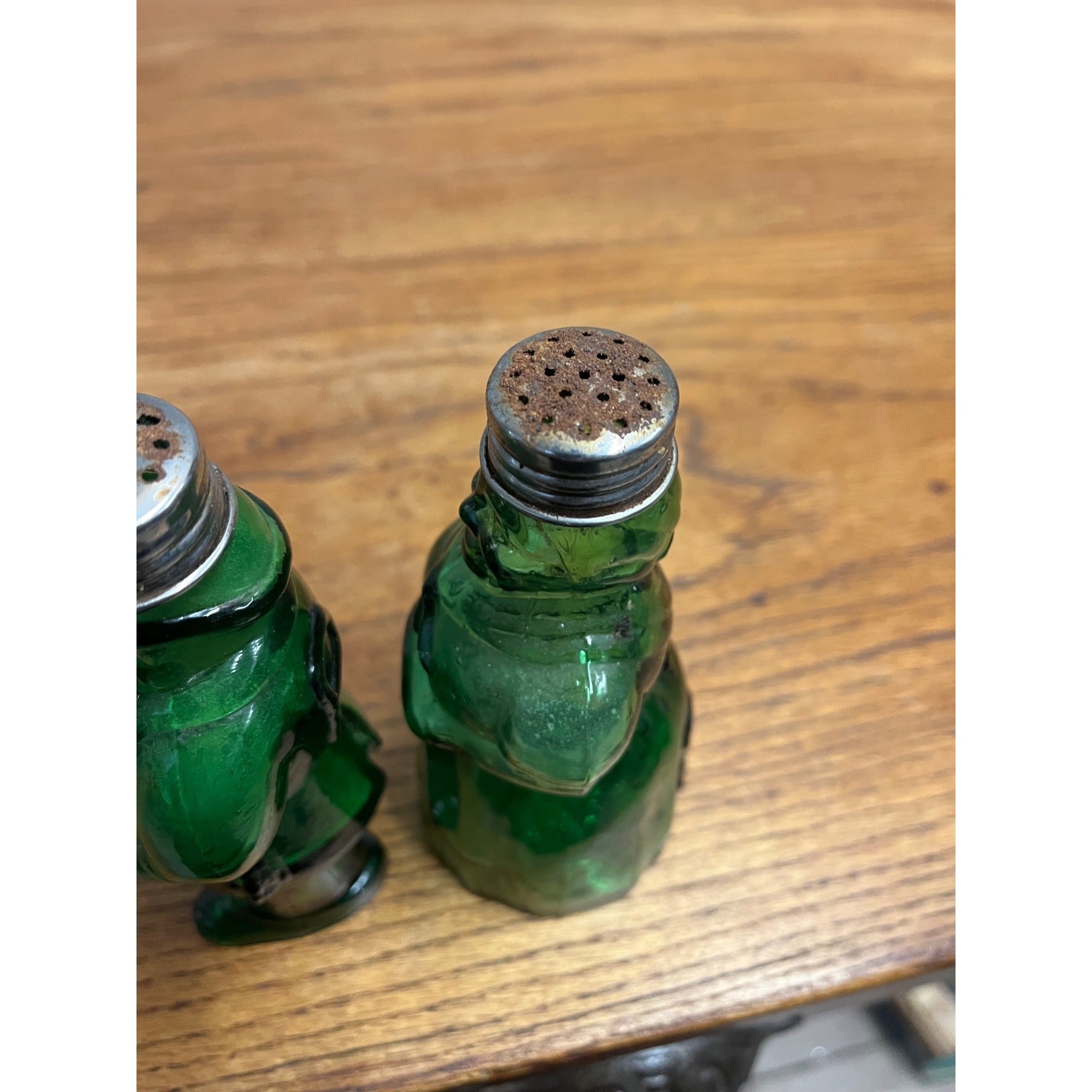 Vintage Aunt Jemima & Uncle Moses Green Glass Salt & Pepper Shakers