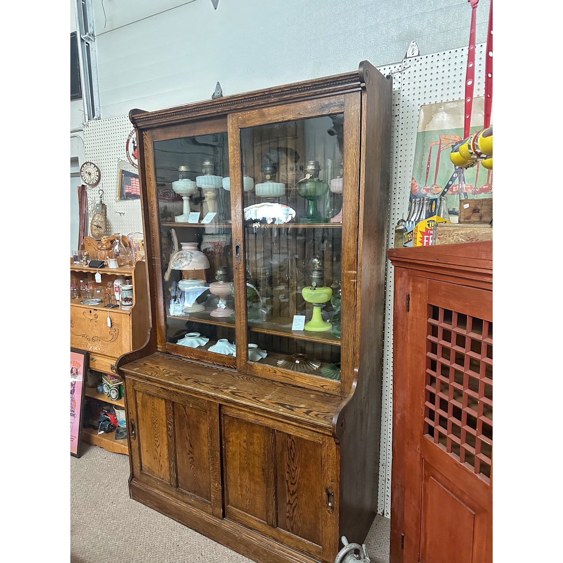 Antique 1900s General Store Mercantile Apothecary Display Cabinet Sliding Doors