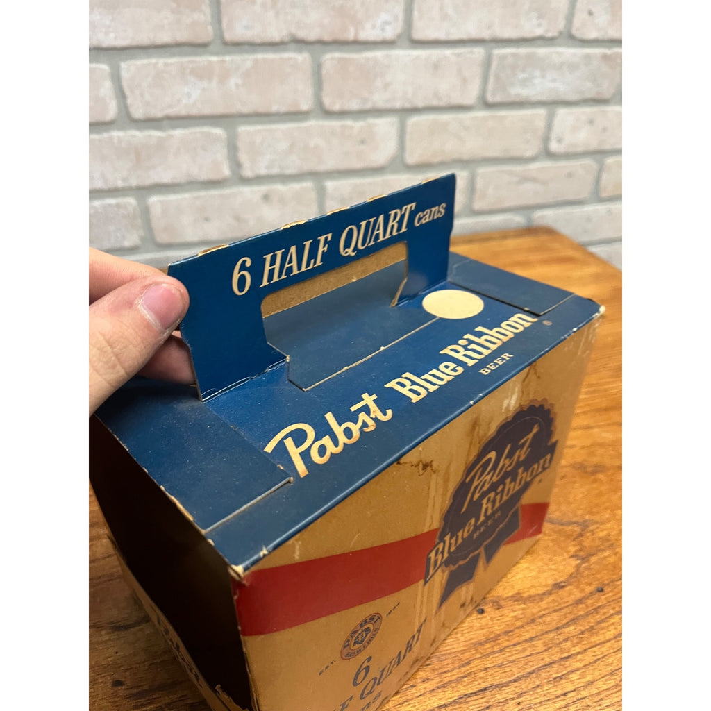 Vintage 1950s Pabst Blue Ribbon Beer Half Quart Flat Cans 6-Pack Cardboard Case