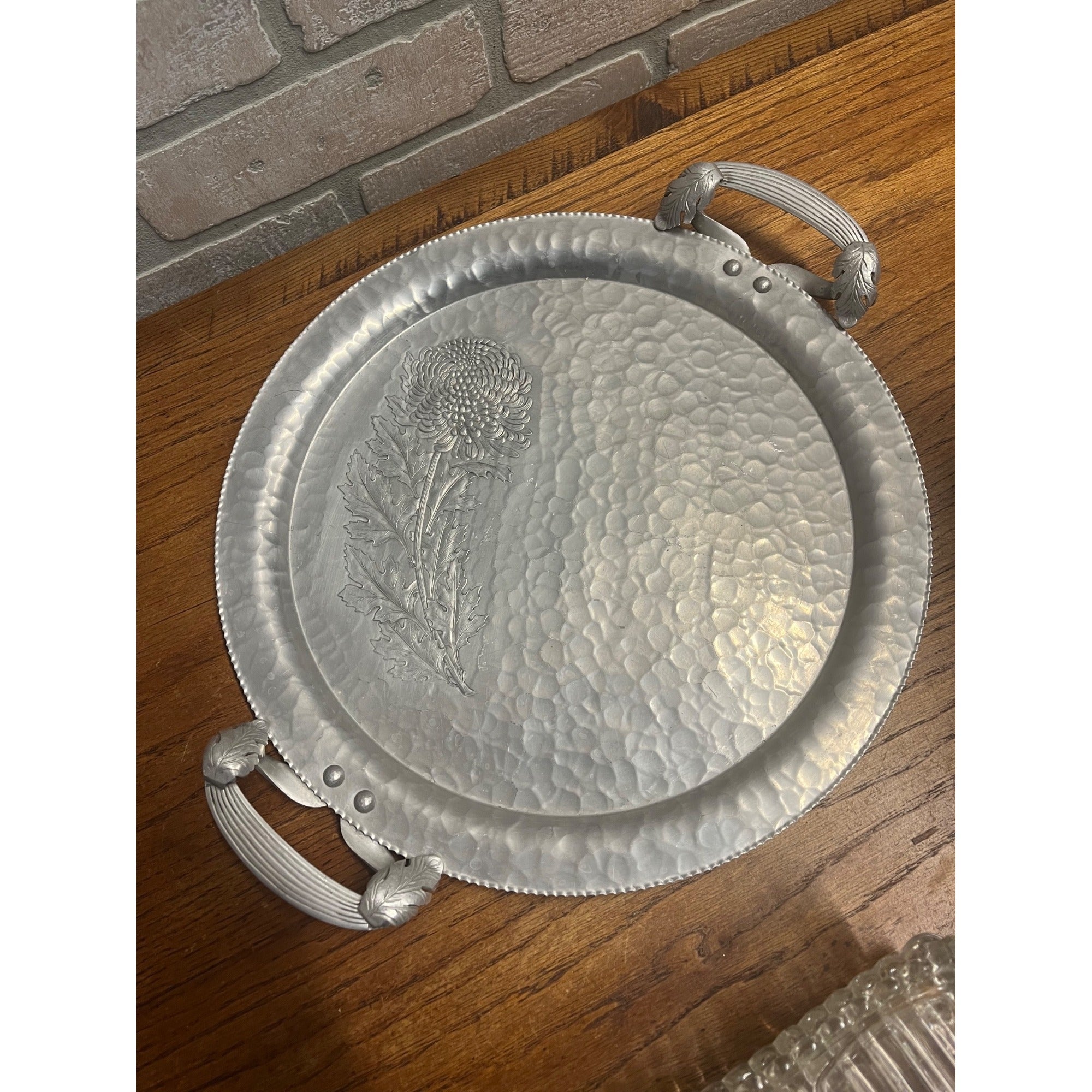 Vintage Mid Century Serving Tray Aluminum Flower Hammered Wedding Decor Marigold