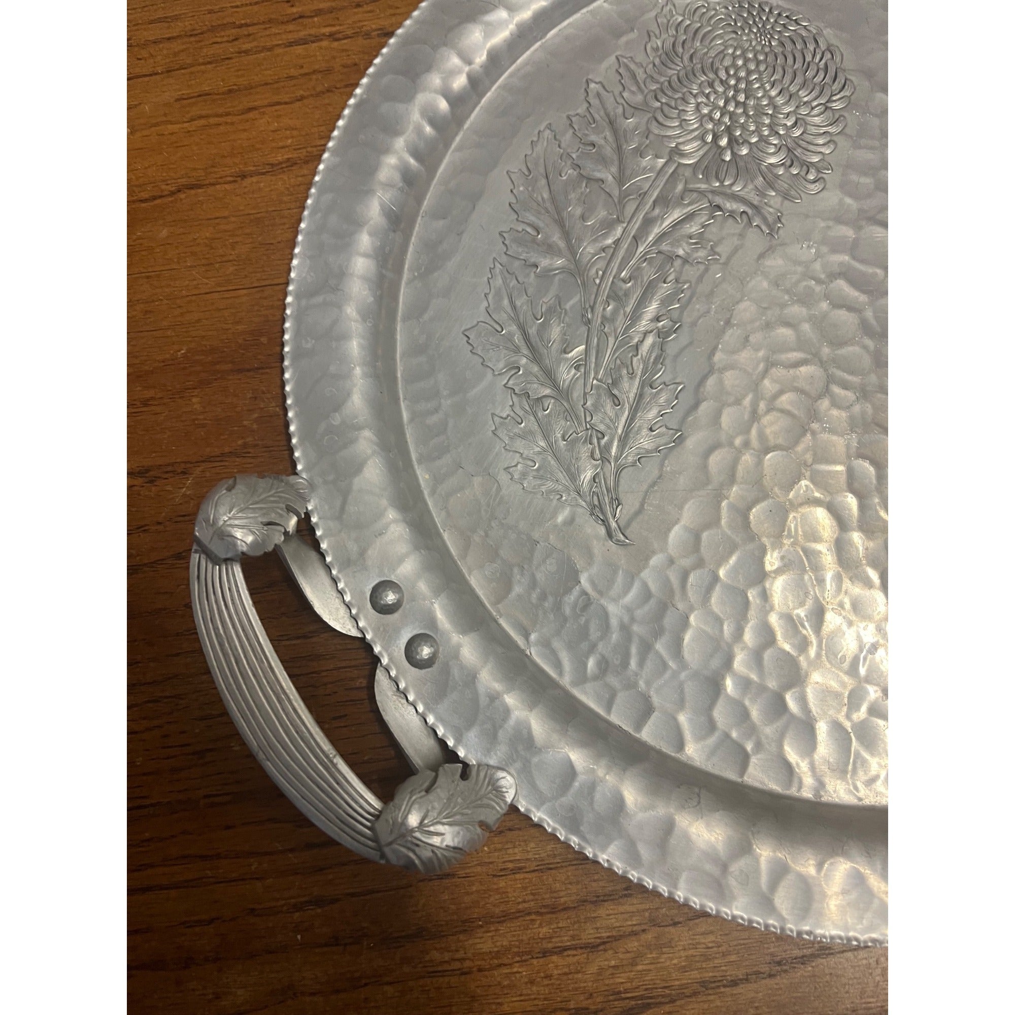 Vintage Mid Century Serving Tray Aluminum Flower Hammered Wedding Decor Marigold