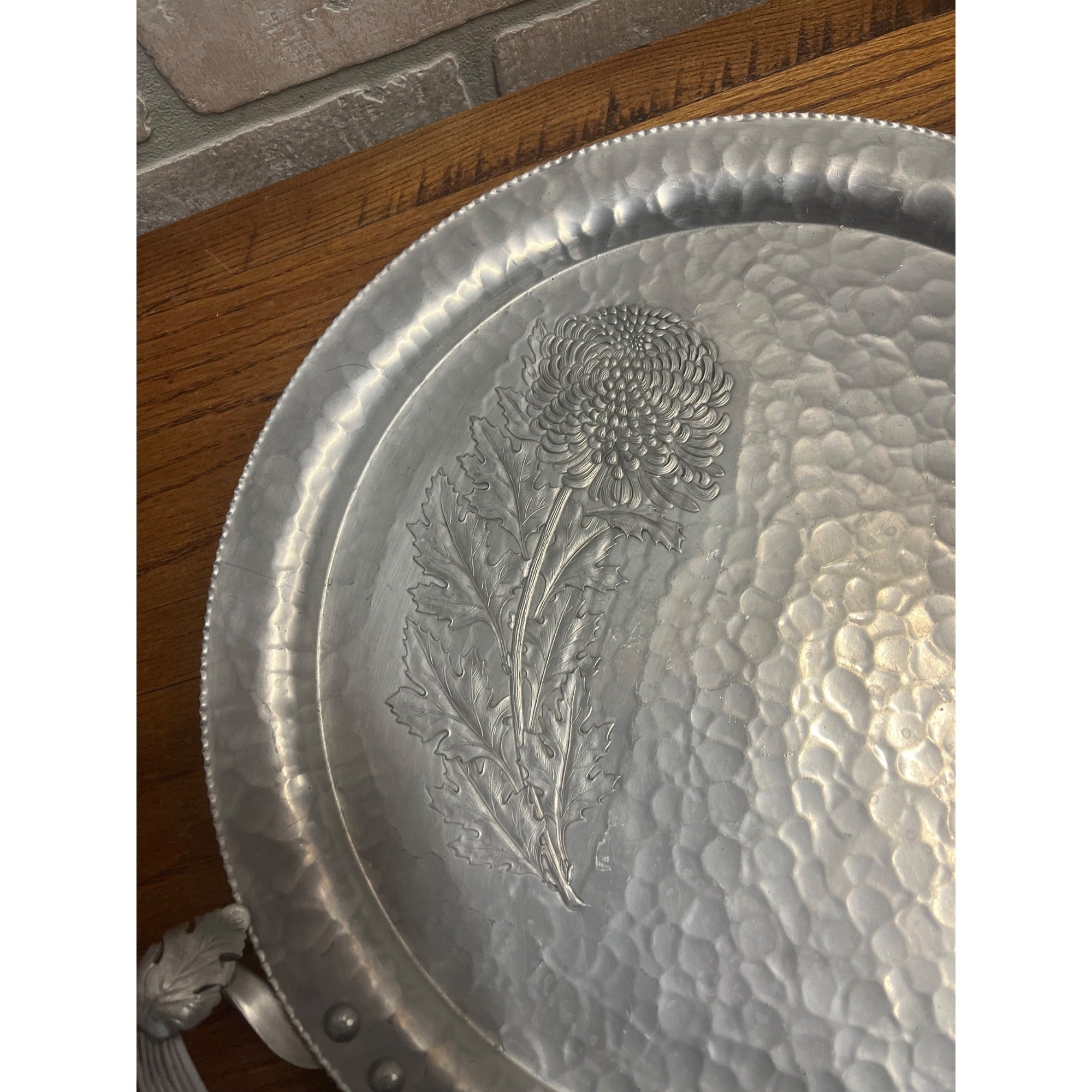Vintage Mid Century Serving Tray Aluminum Flower Hammered Wedding Decor Marigold