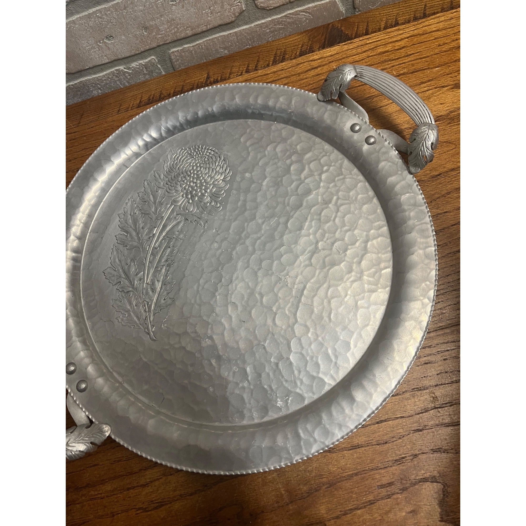 Vintage Mid Century Serving Tray Aluminum Flower Hammered Wedding Decor Marigold