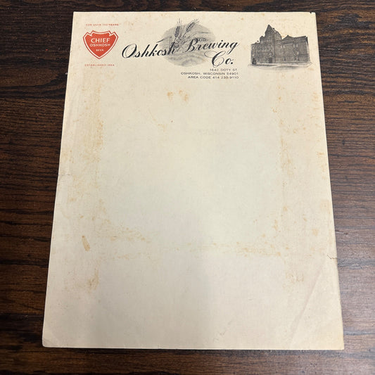 Vintage 1940s Chief Oshkosh Brewing Co. Advertising Beer Invoice Letterhead