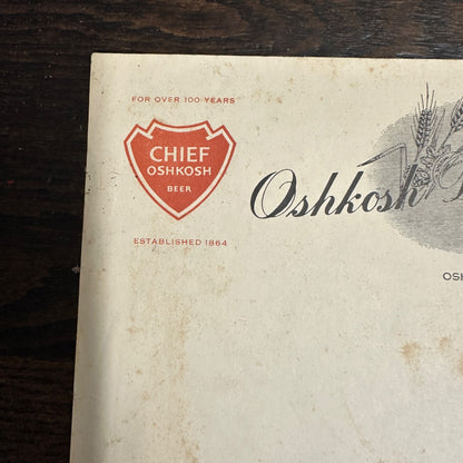 Vintage 1940s Chief Oshkosh Brewing Co. Advertising Beer Invoice Letterhead