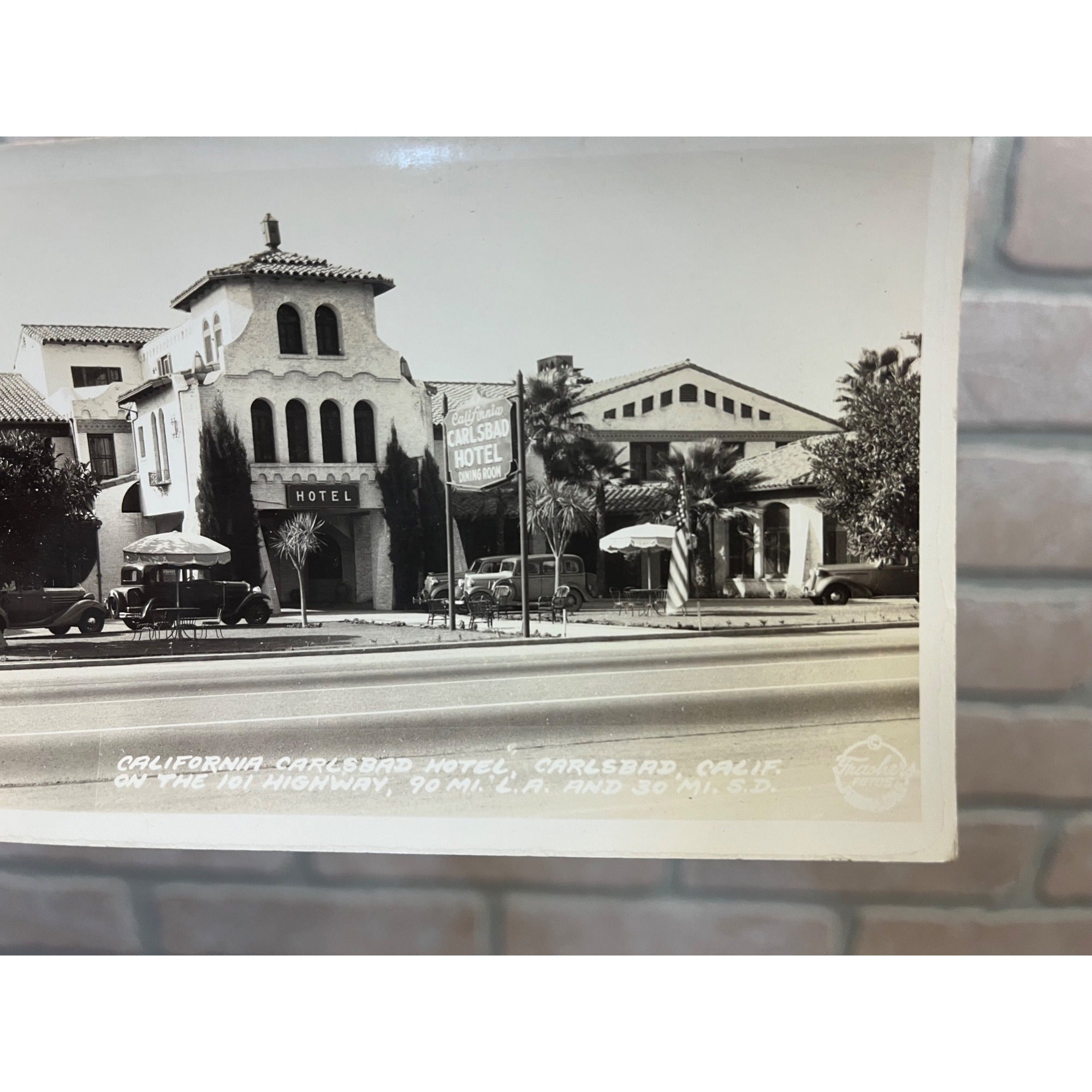 Postcard Real Photo RPPC California CA Carlsbad Hotel 1930s Car Frashers