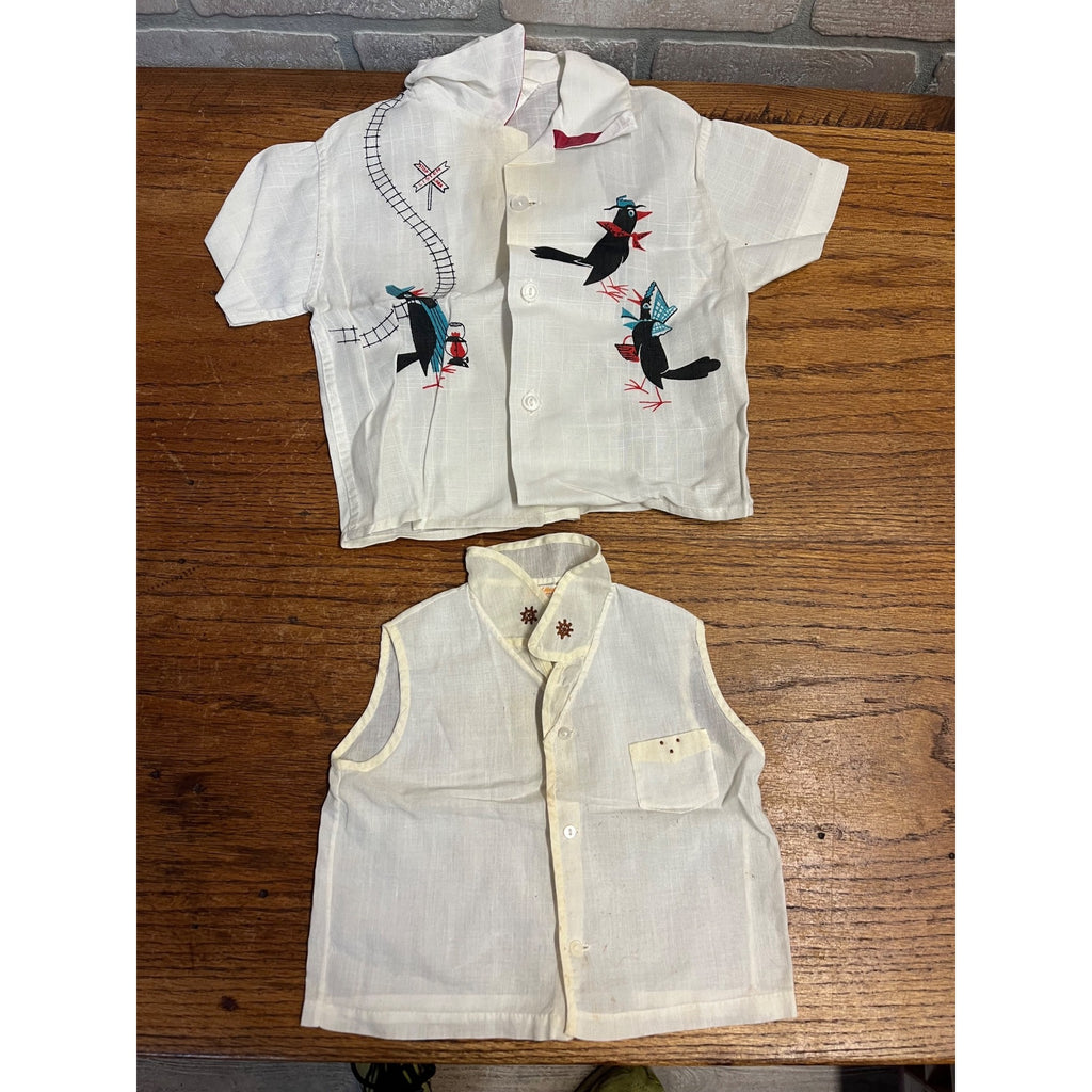 Vintage Child's Button-Up Collared Shirt Railroad Tracks Attired Birds Safety Teaching Textile