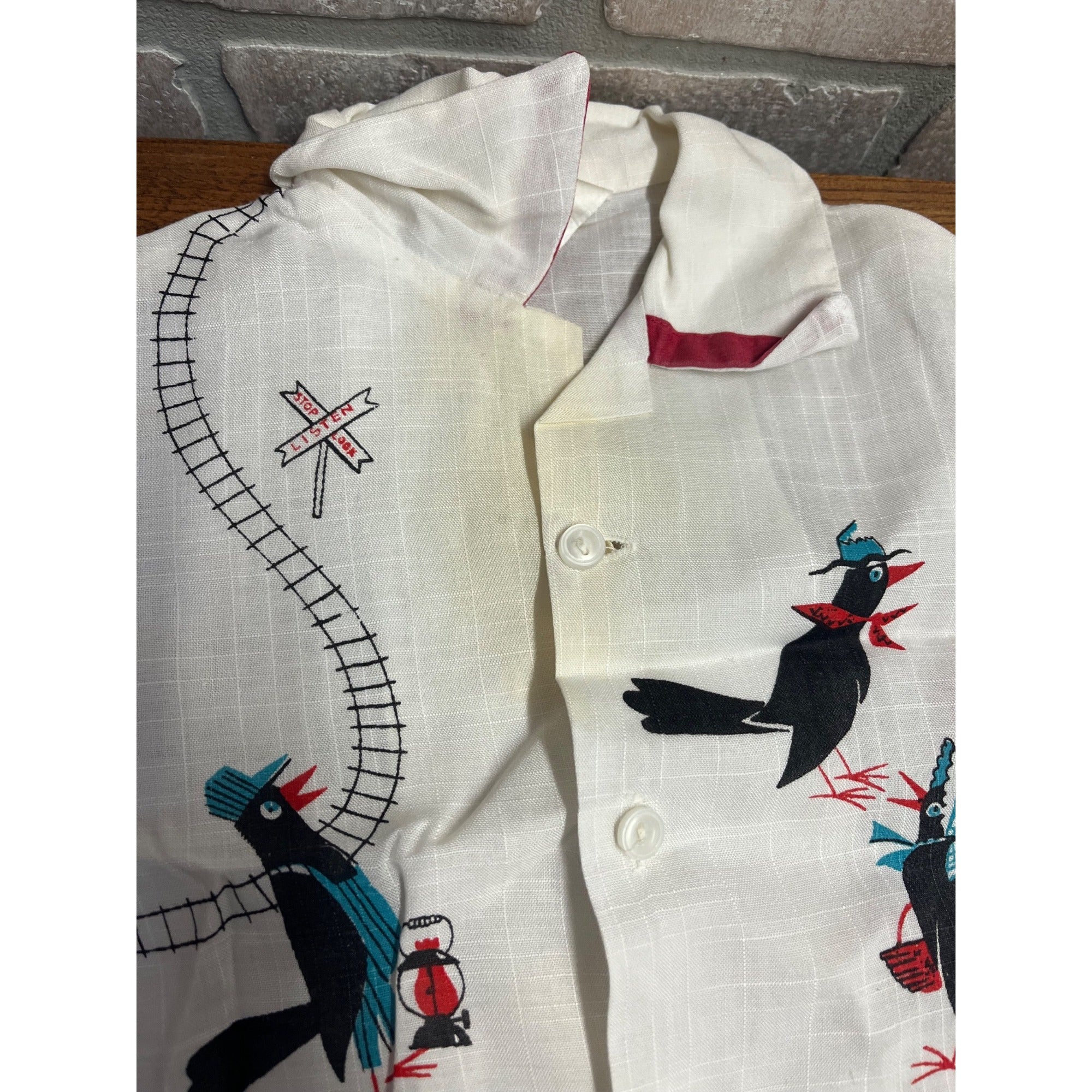 Vintage Child's Button-Up Collared Shirt Railroad Tracks Attired Birds Safety Teaching Textile