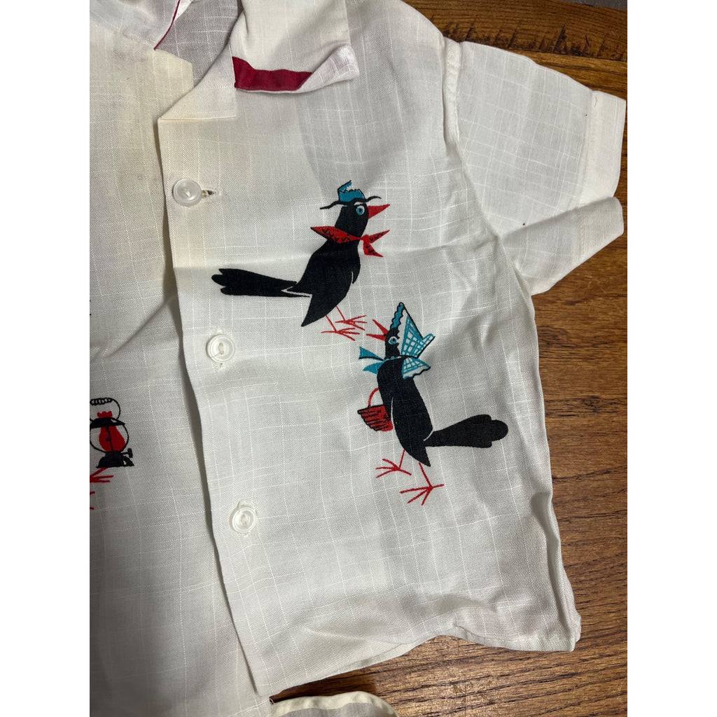 Vintage Child's Button-Up Collared Shirt Railroad Tracks Attired Birds Safety Teaching Textile