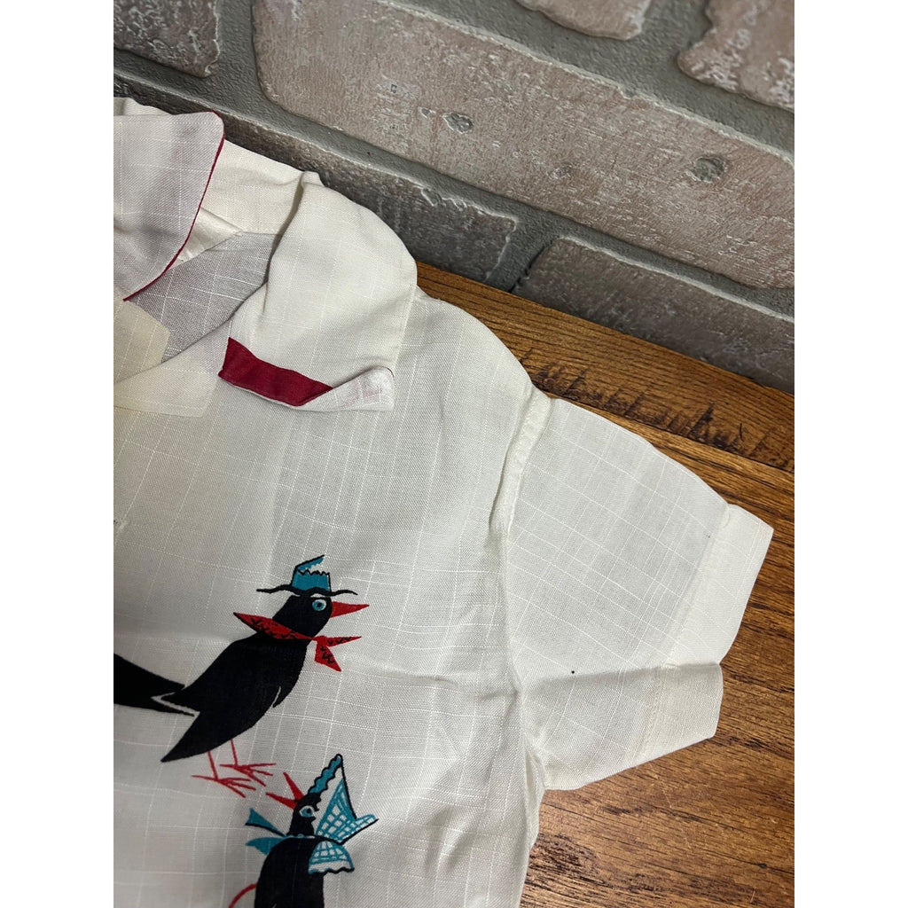 Vintage Child's Button-Up Collared Shirt Railroad Tracks Attired Birds Safety Teaching Textile